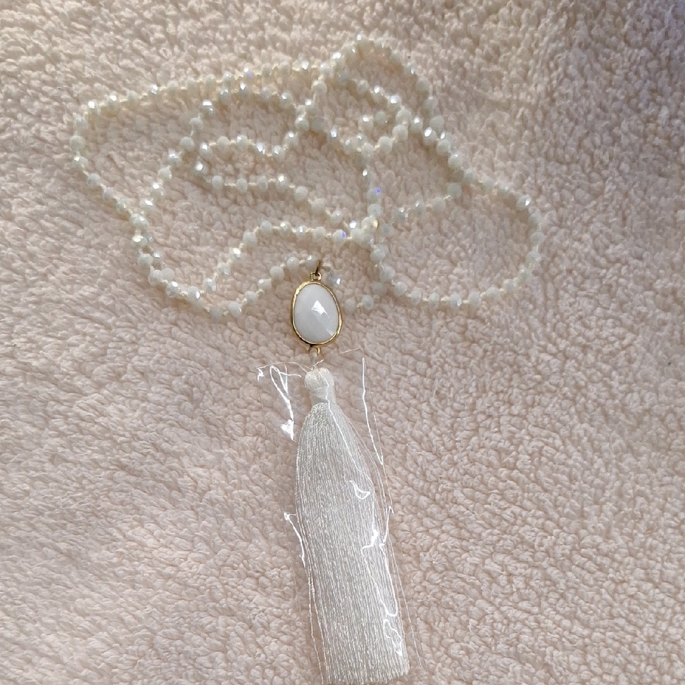 Elegant White Beaded Necklace with Tassel